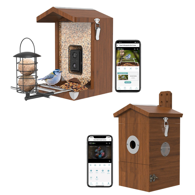 Holz-Vogelfutterstation mit integrierter Überwachungskamera, Futtertrog und App-Steuerung – Smartphone zeigt die Bird-Feeder-App zur Live-Überwachung von Vögeln.