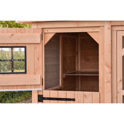 Holz-Hühnerstall mit offener Tür, Drahtgitterfenster und Innenregal, draussen im Garten