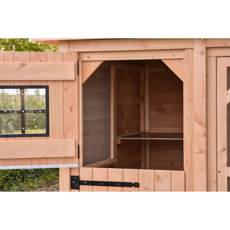 Holz-Hühnerstall mit offener Tür, Drahtgitterfenster und Innenregal, draussen im Garten
