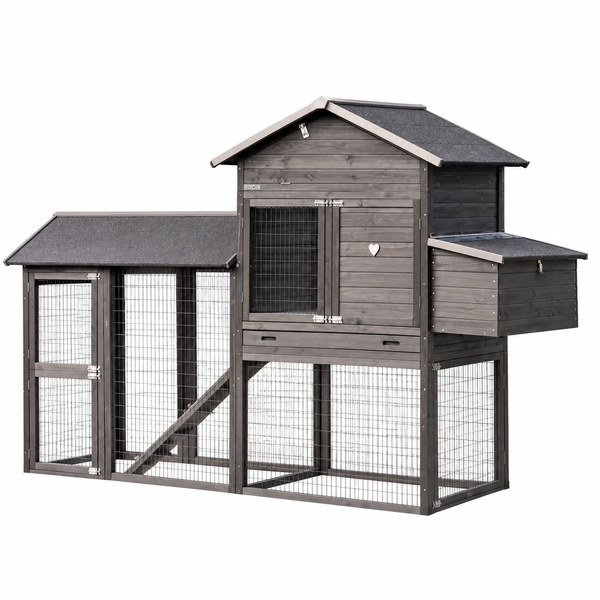 Großer Holz-Hühnerstall Mirco Large in Schwarz mit angebautem Auslaufgehege, Nistkasten, Hühnerleiter und Satteldach – geräumiger Outdoor-Hühnerstall schwarz mit Freigehege für Hühner im Garten 
