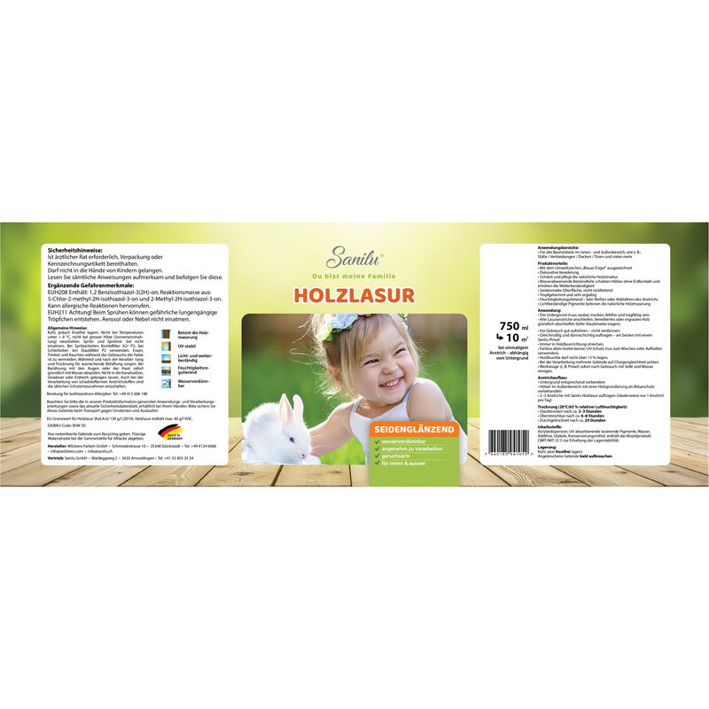 Holzlasur-Verpackung von Sanilu mit grün-gelbem Hintergrund; zentrales Motiv ein lachendes Kind mit einem weissen Kaninchen; auffälliger HOLZLASUR-Text mit SEIDENGLÄNZEND; links und rechts Sicherheits- und Anwendungshinweise; Angabe 750 ml / ca. 10 m².