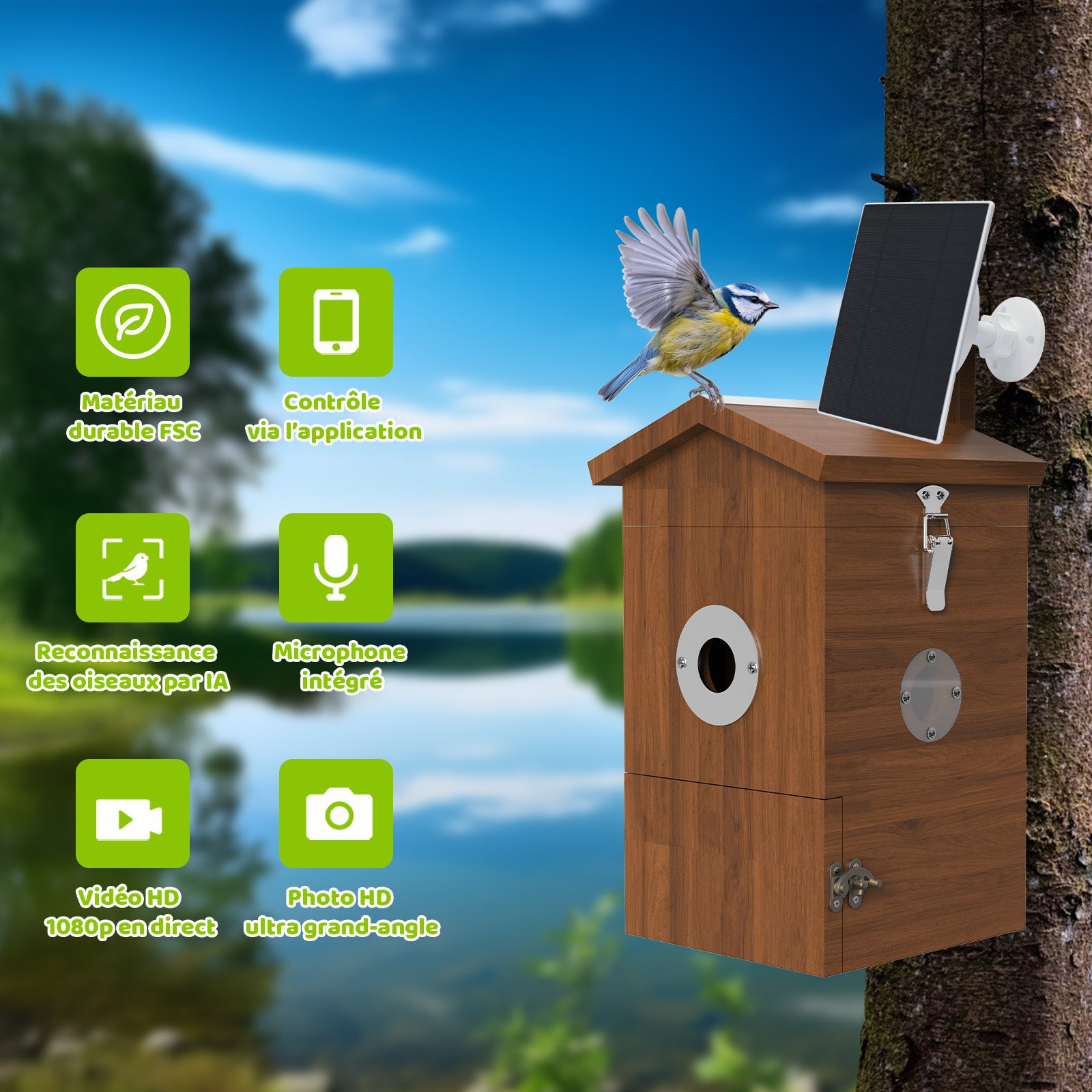 Intelligentes Vogelhaus aus FSC-Material mit Solarpanel am Baum; grüne Icons zeigen Funktionen wie App-Steuerung, KI-Vogelerkennung, integriertes Mikrofon, HD-Video 1080p live und Ultra-Weitwinkel-Foto; Hintergrund mit See und Wald.