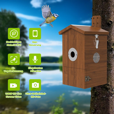 Holz-Vogelhaus am Baumstamm mit grünen Funktions-Icons links (Nachhaltiges Material FSC, App-Steuerung, KI-Vogelkennung, Eingebautes Mikrofon, 1080P HD Live Stream Video, Ultra-Weitwinkel-HD-Foto); ein Vogel fliegt vor blauem Himmel.