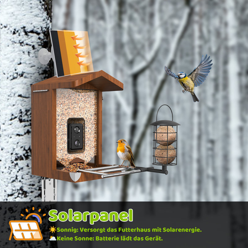Holz-Vogelfutterhaus mit Solarpanel auf dem Dach, Futtertrog mit Körnern, ein Vogel sitzt am Ausgabebrett und ein zweiter fliegt davor; rechts eine Futterkugel-Station; Hintergrund verschneite Birken, Werbebanner am unteren Bildrand mit der Aufschrift Solarpanel.