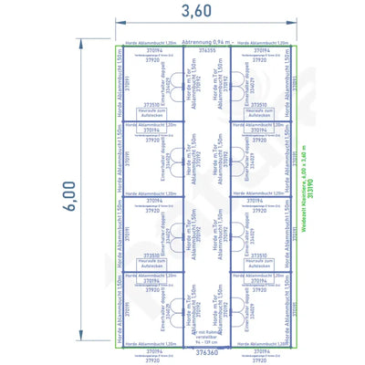 Grundrissplan eines rechteckigen Layouts mit Aussenmassen 3,60 m Breite und 6,00 m Höhe. Blaue Linien markieren die Innenaufteilung, nummerierte Abschnitte (z. B. 370194, 37920, 376355) und Beschriftungen wie Abtrennung 0,94 m.