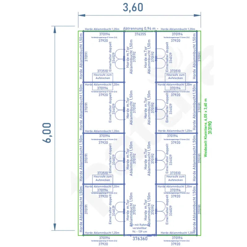 Grundrissplan eines rechteckigen Layouts mit Aussenmassen 3,60 m Breite und 6,00 m Höhe. Blaue Linien markieren die Innenaufteilung, nummerierte Abschnitte (z. B. 370194, 37920, 376355) und Beschriftungen wie Abtrennung 0,94 m.