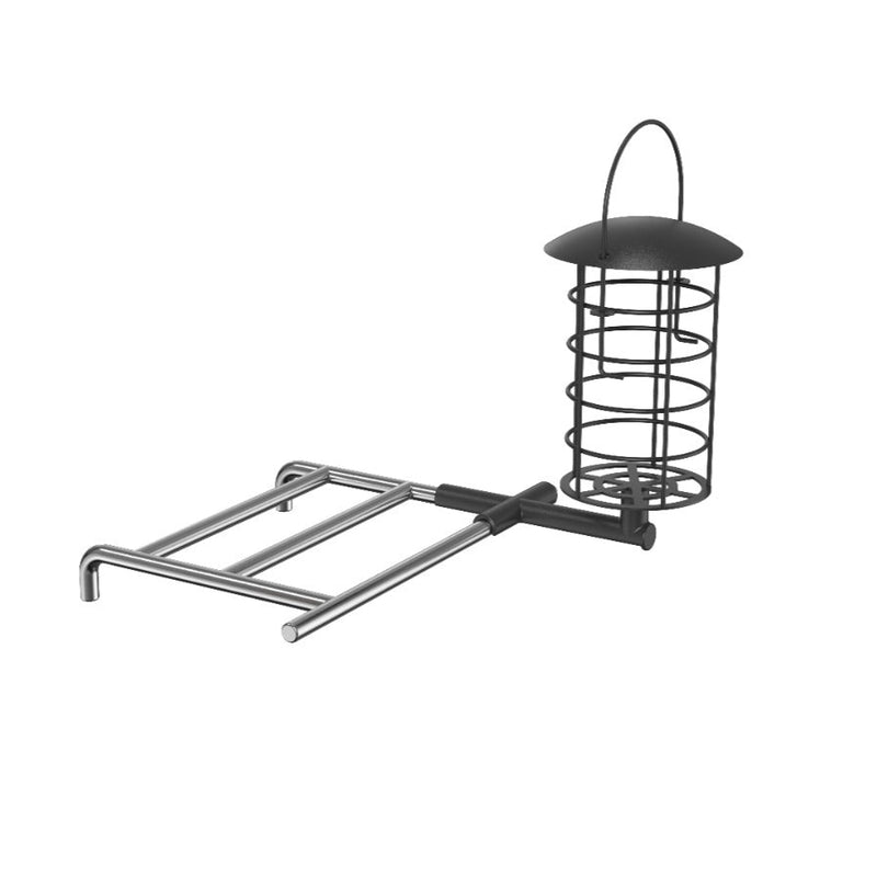 Silbernes Metallgestell mit rechteckigem Grundrahmen und senkrecht stehendem spiralförmigem Drahtkorb samt Griff – Seitenansicht von vorne-links.