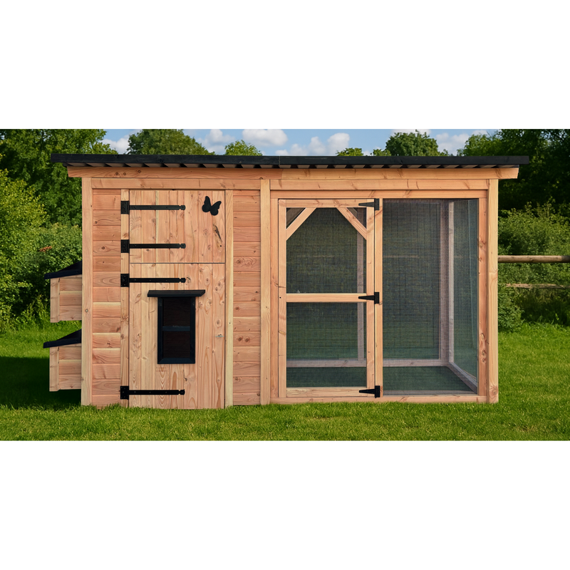 Holz-Hühnerstall im Garten mit Drahtgehege auf der rechten Seite; linke Tür mit schwarzem Schmetterlingsdekor und Metallbeschlägen, Stall steht auf grünem Rasen vor Bäumen und blauem Himmel.