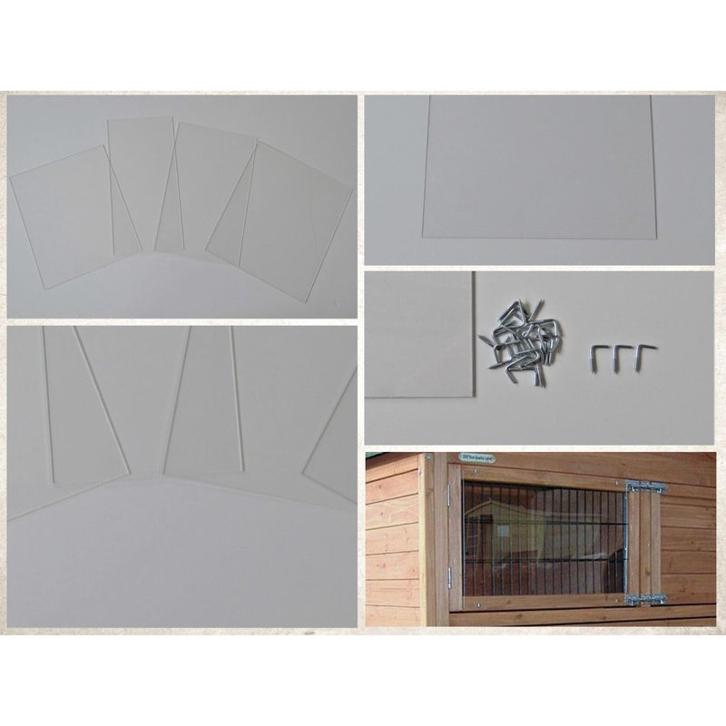 Collage von Montagematerialien: mehrere weisse Kartonplatten unterschiedlicher Grösse, Schrauben und Dübel sowie eine Holztür mit Drahtgitter (Käfig-/Gehege-Panel).