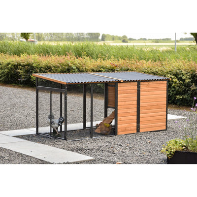 Hühnerstall aus Holz und Metall mit Drahtgehege, Wellblechdach und Rampe auf Kiesweg im Garten; Hahn im Gehege.