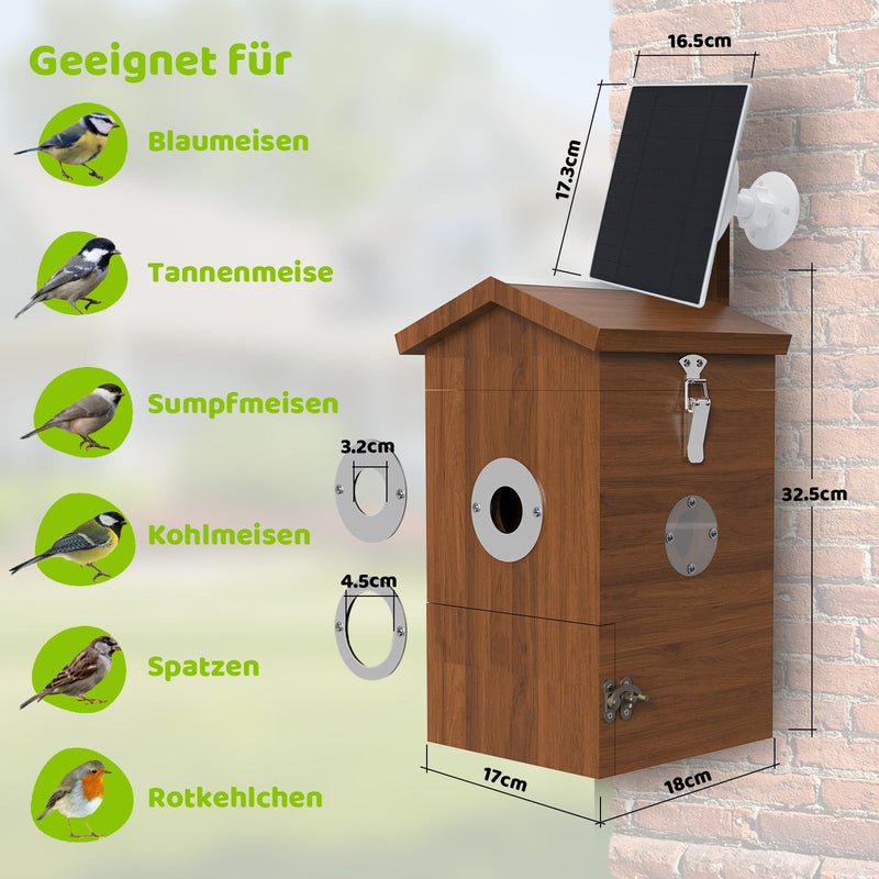 Infografik eines holzfarbenen Vogelhauses mit Solarpanel an einer Steinwand; links Liste der geeigneten Vögel: Blaumeisen, Tannenmeisen, Sumpfmeisen, Kohlmeisen, Spatzen und Rotkehlchen; Masse des Kastens: Höhe 32,5 cm, Breite 17 cm, Tiefe 18 cm; daneben Metallringe/Durchmesser 3,2 cm und 4,5 cm.