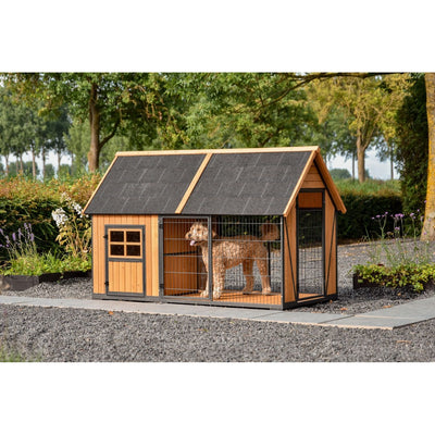 Holz-Hundehütte mit Gitterfront im Garten; ein Hund steht im Innenbereich, Kiesweg und grüne Bäume im Hintergrund.
