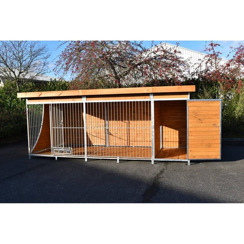 Mehrteiliger Hundekennel aus Metallrahmen mit Holzwänden, drei Abschnitte, steht auf Asphalt im Freien mit Bäumen im Hintergrund.
