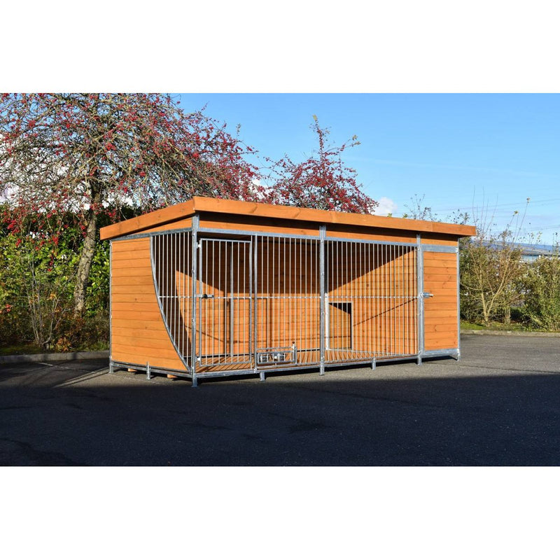 Grosser Aussen-Hundezwinger aus Holz und Metall mit Gittertüren, auf Asphalt, umgeben von Bäumen.