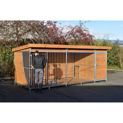 Mann steht vor einem grossen Hundezwinger aus Holz und Metallgitter auf asphaltiertem Boden; blühende Bäume im Hintergrund.