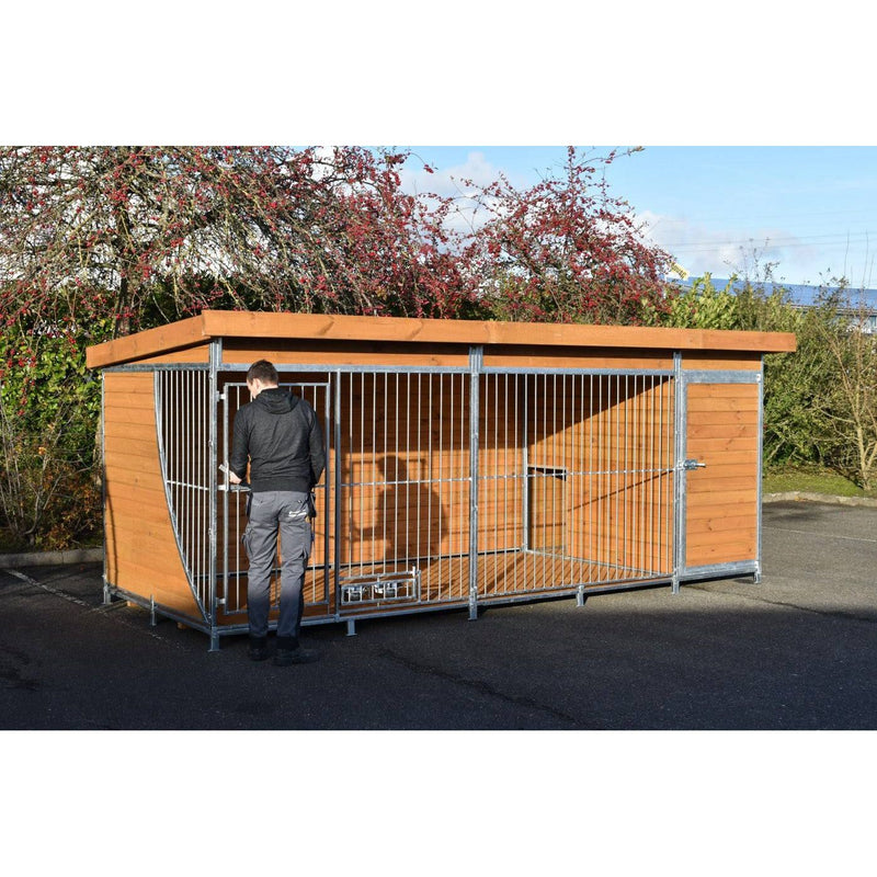 Mann steht vor einem grossen Hundezwinger aus Holz und Metallgitter auf asphaltiertem Boden; blühende Bäume im Hintergrund.