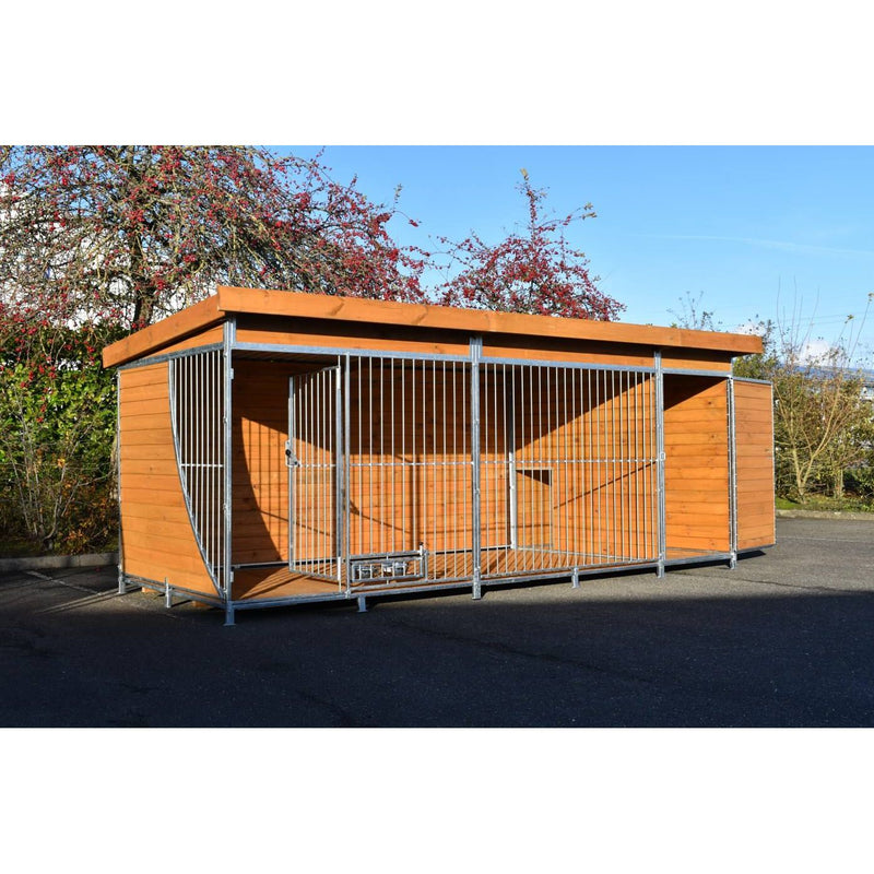Grosser Hundezwinger aus Holz mit Metallrahmen und Gittertüren auf Asphalt, Tor mit Schloss, umgeben von Bäumen.
