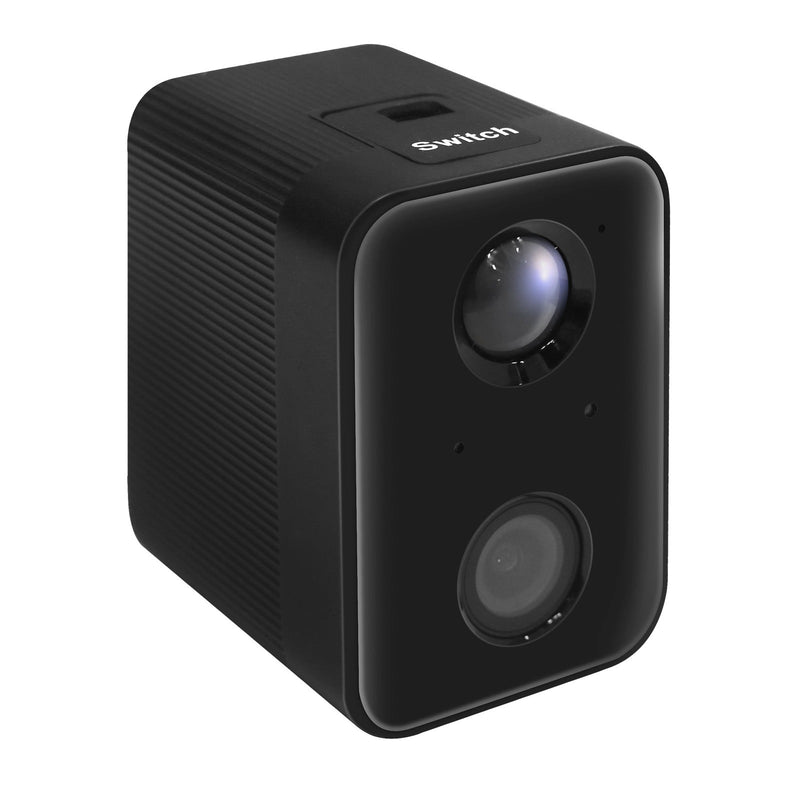 Schwarze Dual-Kamera in abgerundetem rechteckigen Gehäuse mit Rippenstruktur; obere Frontlinse und darunter eine weitere Linse; Oberseite trägt die Beschriftung „Switch“.
