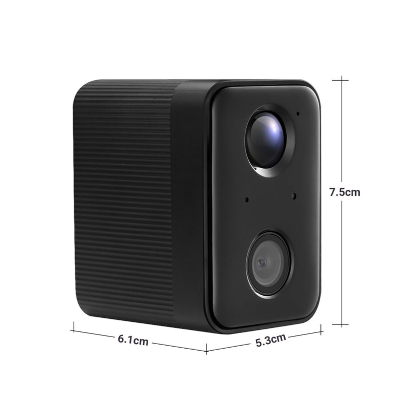 Schwarze kompakte Kamera mit geripptem Gehäuse; Vorderseite zeigt zwei Objektive (grosses Oberobjektiv und kleineres Unterobjektiv). Masse: Höhe ca. 7,5 cm, Breite ca. 6,1 cm, Tiefe ca. 5,3 cm.