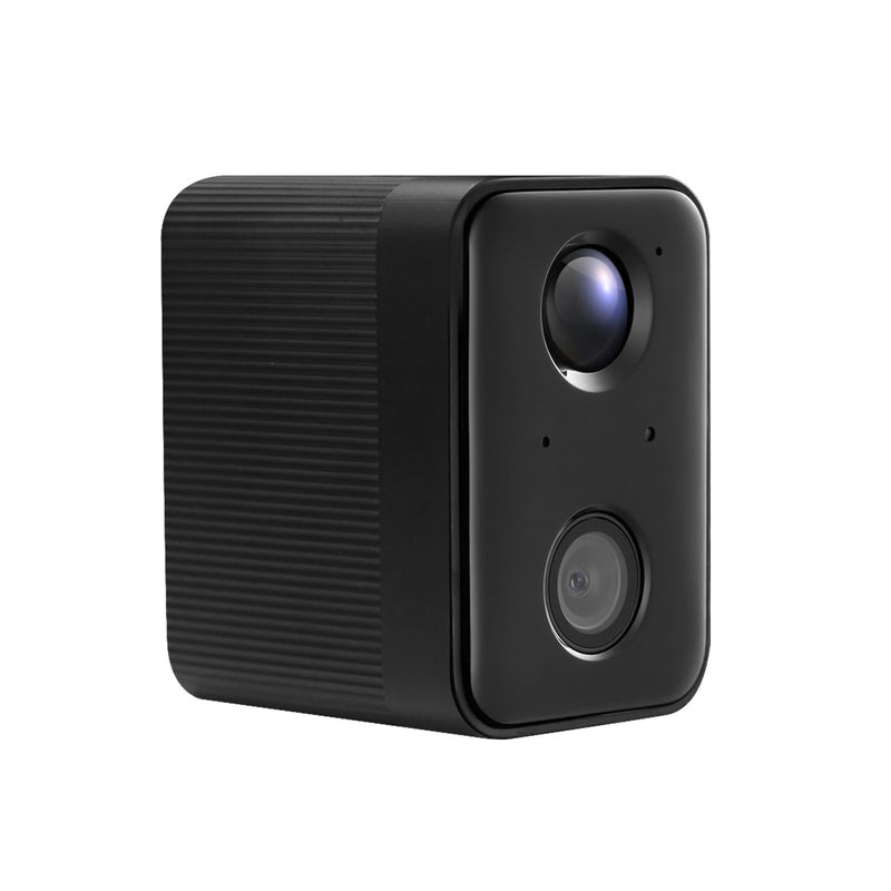 Schwarze Dual-Linsen-Kamera mit grossem oberem Objektiv und kleinem unterem Objektiv; Gehäuse mit gerippter Seitenfläche.