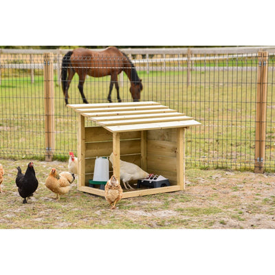 Holz-Hühnerstall mit schrägem Dach in einem Aussengehege; mehrere Hühner laufen um den Stall, im Hintergrund steht ein Pferd hinter dem Drahtzaun.