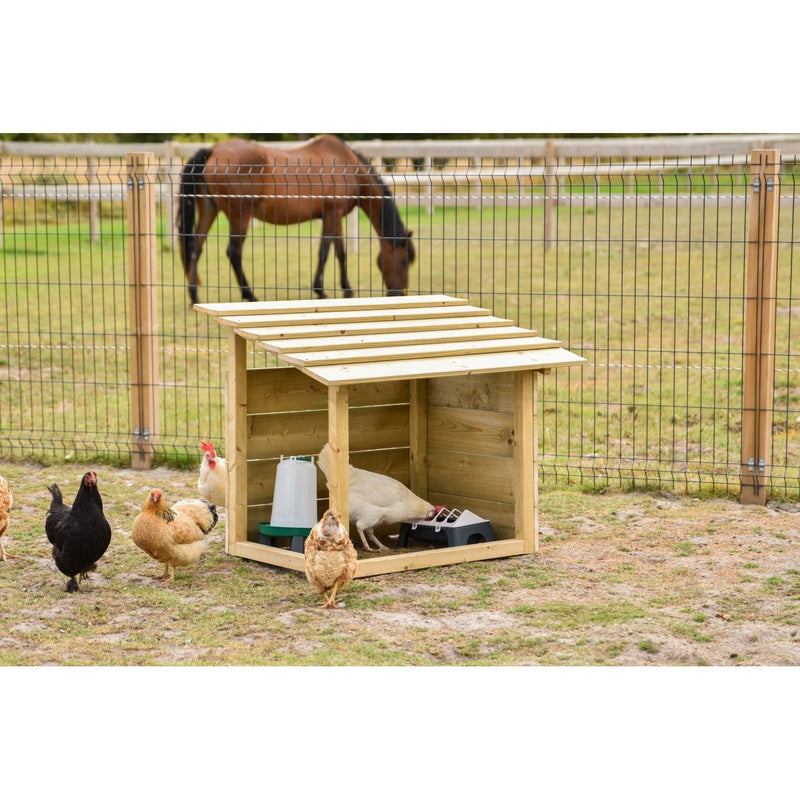 Holz-Hühnerstall mit schrägem Dach in einem Aussengehege; mehrere Hühner laufen um den Stall, im Hintergrund steht ein Pferd hinter dem Drahtzaun.