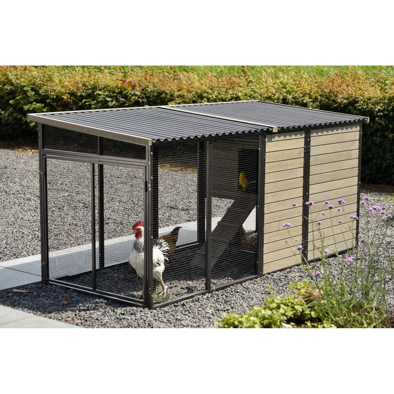 Hühnerstall mit Metallrahmen, Drahtgehege und Holzverkleidung; Hahn und Hühner im Auslauf auf Kies, Gartenpflanzen im Hintergrund.