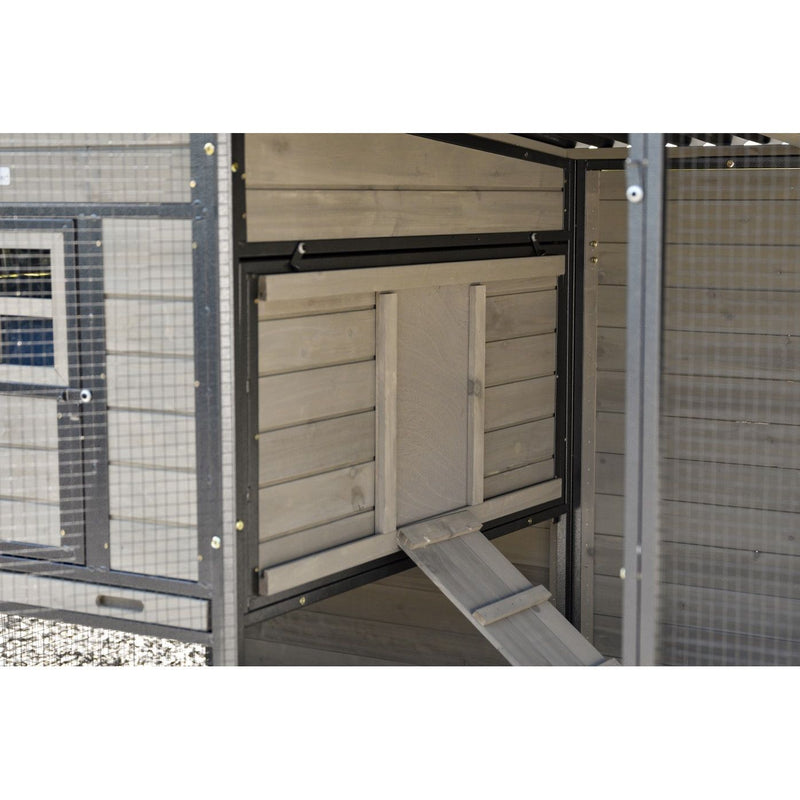 Holz-Kleintierstall mit Metallrahmen und Drahtgitter, Innenbereich mit Rampe und Zugangstür, geeignet für Hühner oder Kaninchen.