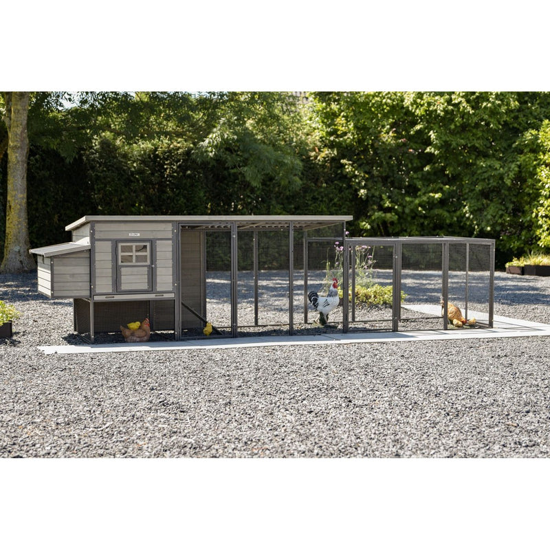 Modularer Hühnerstall mit angeschlossenem Drahtgehege auf Kiesboden im Garten; mehrere Hühner im offenen Gehege vor grünem Hintergrund.