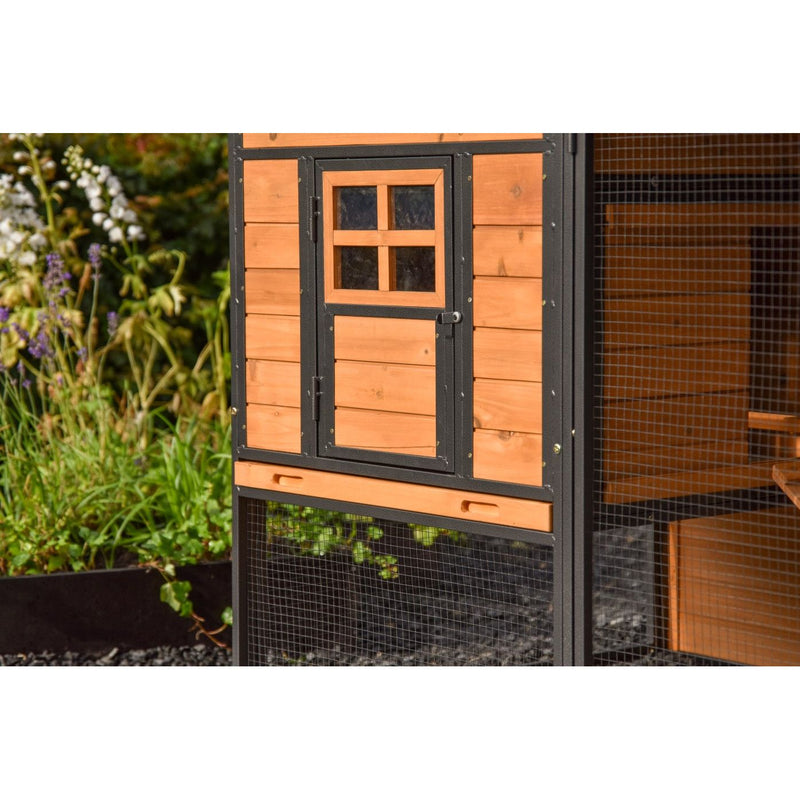 Holz-Hühnerstall mit schwarzem Metallrahmen und Drahtgitter, Tür mit viergeteiltem Fenster, Garten im Hintergrund.