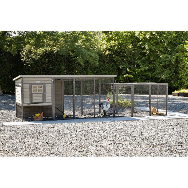 Hühnerstall mit Auslauf aus Drahtgitter, mehrere Gehegeabschnitte auf Kiesboden; Hühner und Hahn im Gehege, grüne Bäume im Hintergrund.