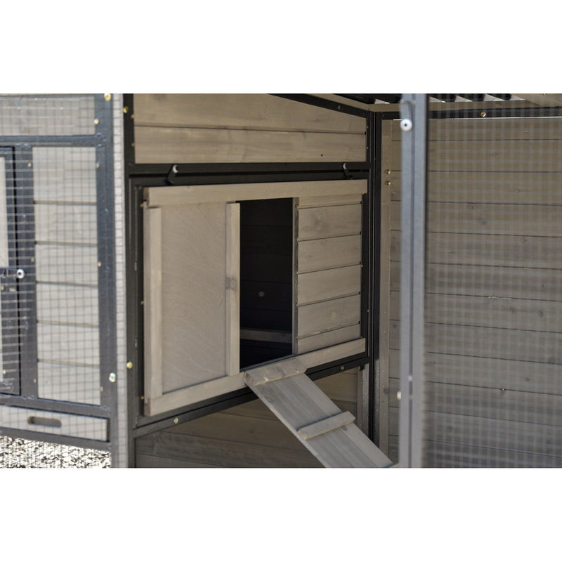 Holz-Hühnerstall mit offener Einstiegsöffnung, Rampe und Drahtgitter im Metallgestell.