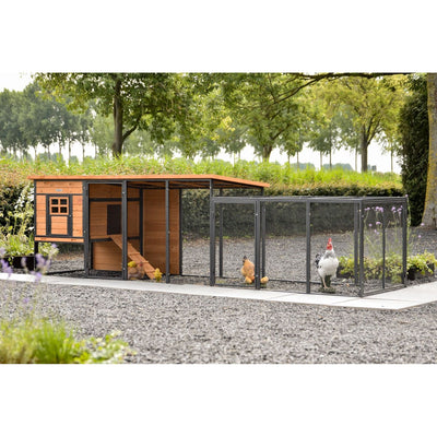 Hühnerstall aus Holz mit angrenzendem Metallgehege im Garten; Hahn und zwei Hühner erkunden den Auslauf vor Bäumen.