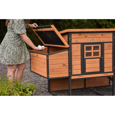 Person sammelt frische Eier aus einem Holzhühnerstall mit Metallrahmen im Garten.