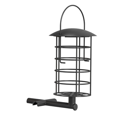 Schwarzer Metall-Vogelfutterautomat mit Dach und mehreren kreisförmigen Futterringen zum Aufhängen im Garten