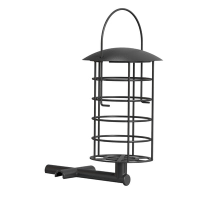 Schwarzer Metall-Vogelfutterspender in zylindrischer Gitterkonstruktion mit Dach und Aufhängegriff