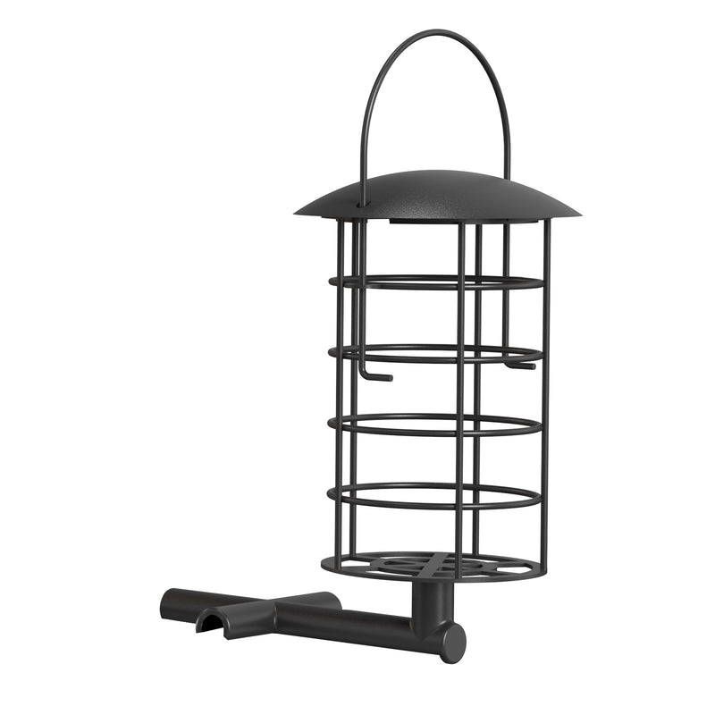 Schwarzer Metall-Vogelfutterautomat mit Dach und mehreren kreisförmigen Futterringen zum Aufhängen im Garten