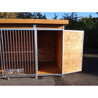 Offene Hundebox aus Holz und Metall: geöffnete Holztür rechts, linker Abschnitt mit Metallstangenkäfig, Innenraum aus Holz, steht auf Asphalt vor Bäumen.