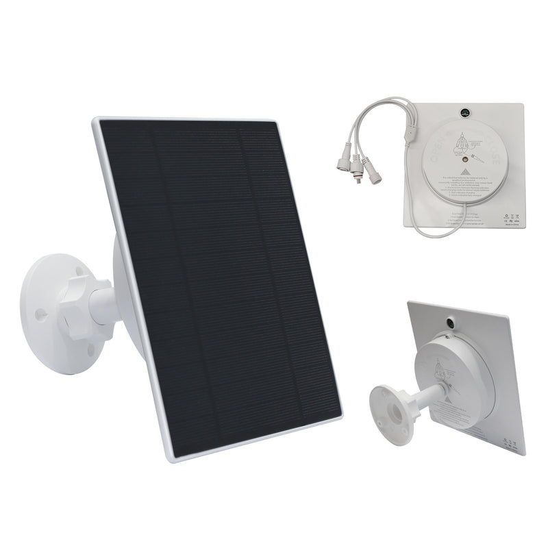 Solarmodul auf weisser Wandhalterung mit Montagesatz und Anschlusskabeln.