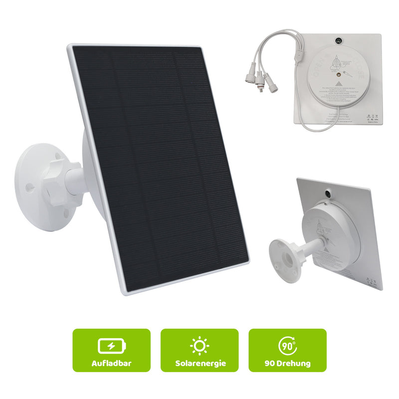 Solarmodul mit weisser Wandhalterung und Montagesatz, geeignet für Aussenbereich; verstellbare 90‑Grad-Drehung und wiederaufladbares Solarenergie-System.