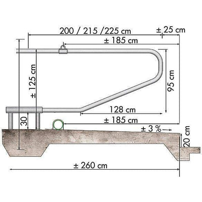 Technische Zeichnung eines gebogenen Rohr-Handlaufs mit Halterung, installiert an einer Bodenplatte über einem Bodenprofil; Maßlinien in Zentimetern zeigen Gesamtbreite 200–225 cm, Höhe 125 cm, horizontale Abschnitte 128 cm und 185 cm, Bodenlänge ca. 260 cm und Gefälle ca. 3%.