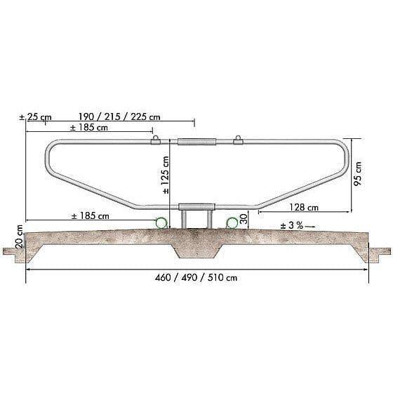 Technische Zeichnung eines U-förmigen Rohrrahmens mit zentraler Stütze, Bodenbefestigung und zwei grünen Lagerrollen; detaillierte Maßangaben in Zentimetern (Gesamtlänge 460/490/510 cm, Höhe ca. 125 cm, Breite ca. 96 cm).
